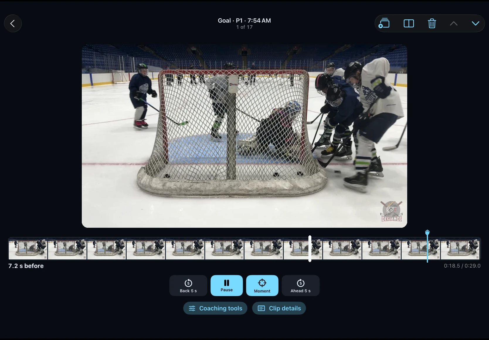 Landscape CreaseCam video player reviewing a goal clip, with the supplied rink capture in the player and filmstrip