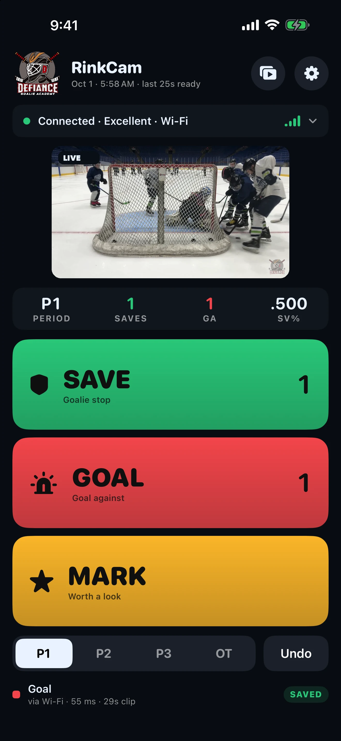 CreaseCam iPhone remote with the supplied rink capture in its live preview